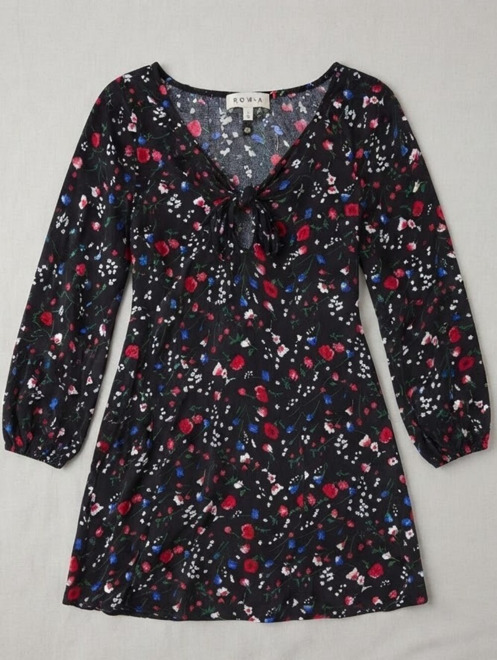 ROW A Black Ditsy Floral Keyhole Tie Front Mini Dress Long Sleeve Small
